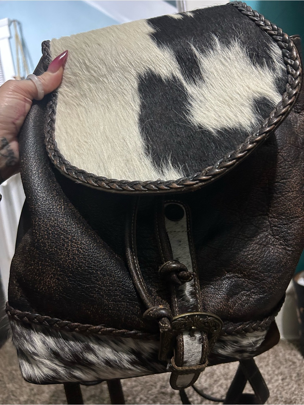 Brown Leather Backpack with Black & White Cowhide Flap